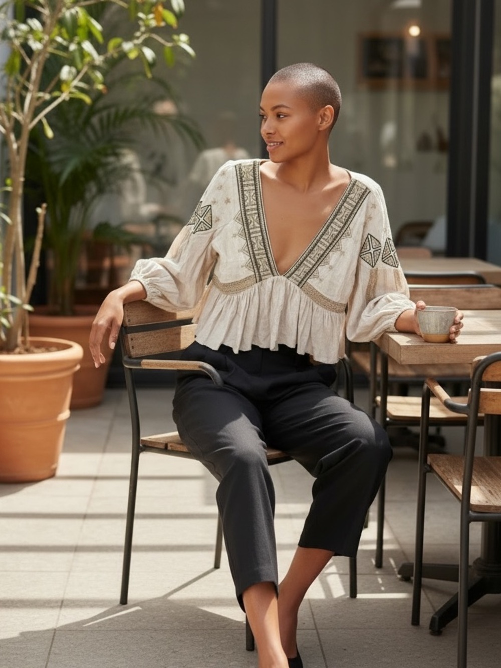 Free People XS blouse with deep V and embroidery